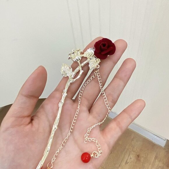 Retro Rose Flower Hair Clips Metal Pearl Tassel Hair Accessories for Women - Picture 5 of 8